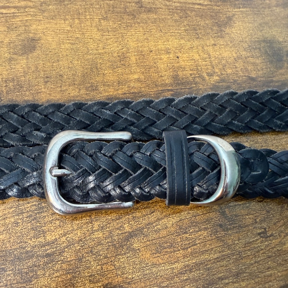 Vtg Black Braided Genuine Leather Belt Womens M/L Silver Buckle Preppy Classic - Picture 5 of 10